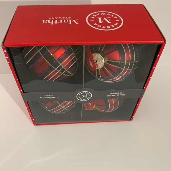 Martha Stewart Ornament Plaid Tartan Red Black Blue Glitter Glass Christmas - Picture 5 of 5